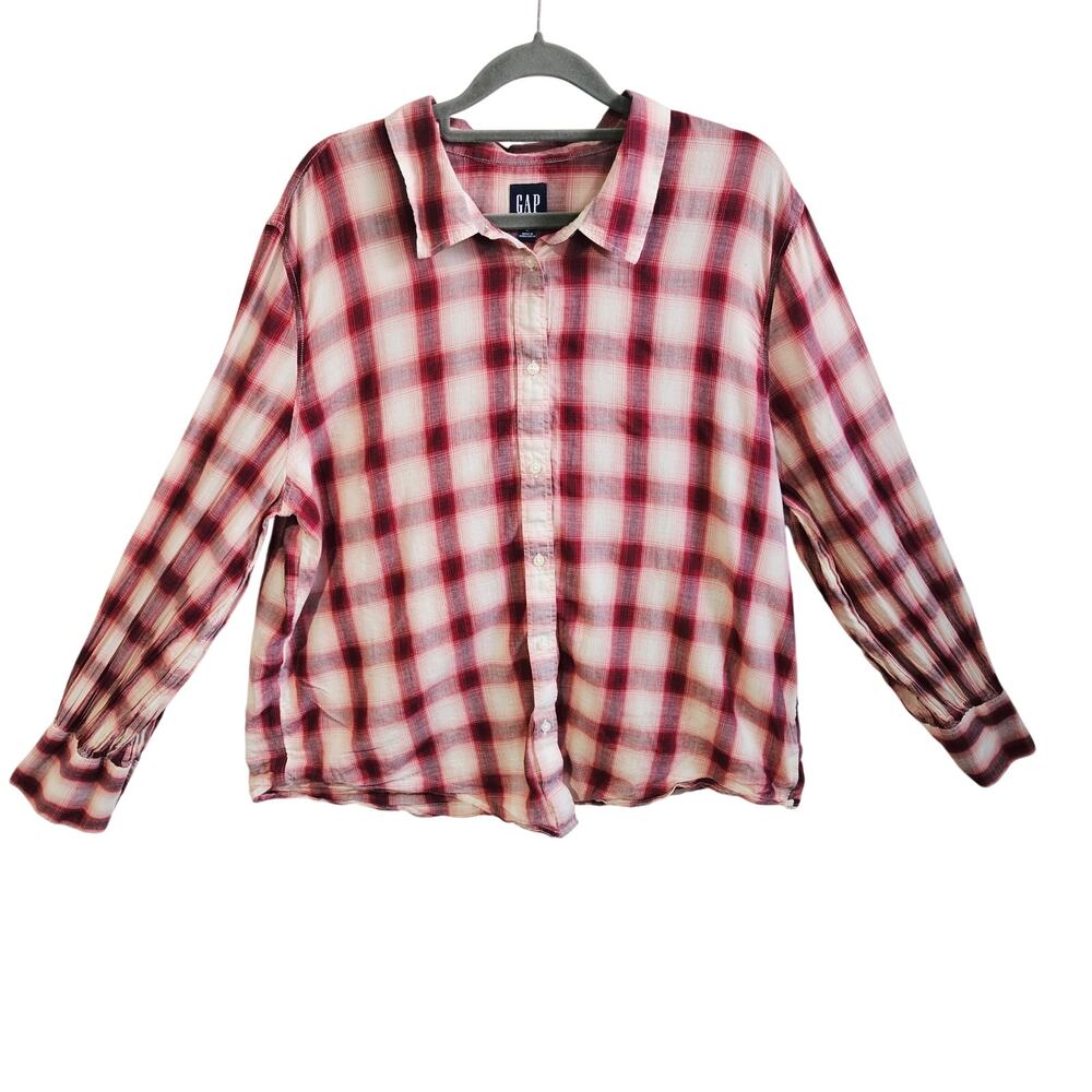 GAP Size L Long Sleeve Button Up Red Checkered Plaid Grunge Cabincore Cotton